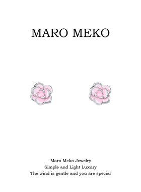 s999足银粉色山茶花纯银耳钉甜美气质简约小巧花朵耳环森系耳夹女