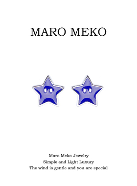 Maro Meko可爱蓝色笑脸五角星耳钉简约小巧精致星星耳饰耳夹无痛