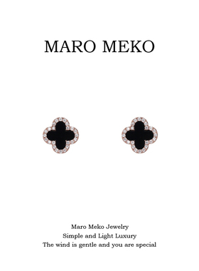 Maro Meko黑色四叶草耳钉小巧精致小花耳饰无痛耳夹蚊香盘无耳洞
