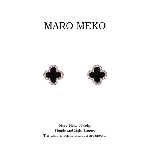 MaroMeko黑色四叶草耳钉耳夹