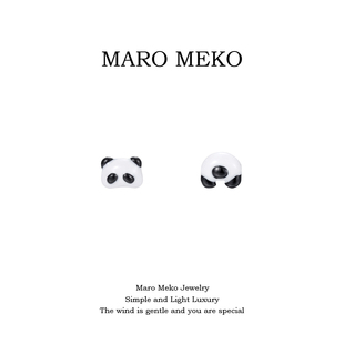 S999足银童趣可爱熊猫不对称纯银耳钉卡通儿童耳夹银饰2025新款女