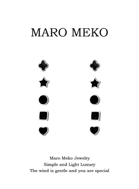 Maro Meko银饰999足银黑色四叶草耳钉纯银养耳洞耳饰简约男女通用