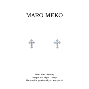 s925纯银浅蓝色满钻十字架耳钉轻奢小众高级感耳饰清新个性耳夹女