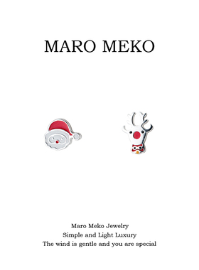 Maro Meko圣诞老人麋鹿不对称纯银耳钉圣诞节可爱耳环S925银耳饰