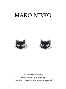 Maro Meko通体999足银可爱黑色小猫咪纯银耳钉小巧精致卡通耳饰女
