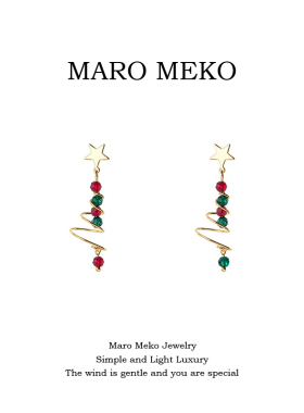 Maro Meko彩色旋转圣诞树耳坠s925纯银圣诞节五角星耳钉耳环秋冬