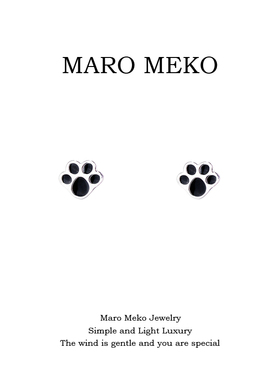 Maro Meko黑色可爱猫脚印耳钉设计感小众独特卡通小猫咪耳饰耳夹