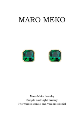Maro Meko几何方形祖母绿精致耳钉轻奢高级感绿色锆石耳夹复古风