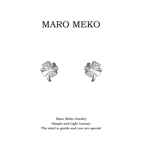 MaroMeko简约风银色四叶草耳钉