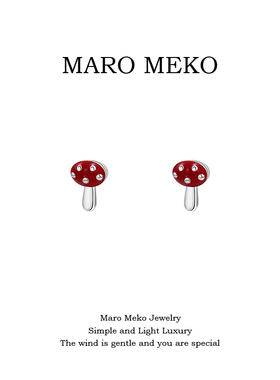 Maro Meko通体999足银可爱波点红色小蘑菇纯银耳钉卡通儿童耳饰女