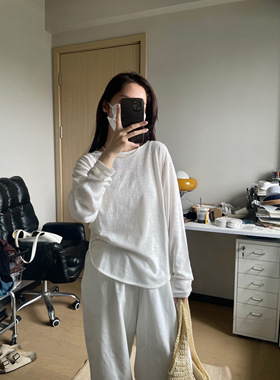 Risen Lab休闲竹节棉圆领纯色长袖t恤 宽松显瘦侧开叉上衣夏2026