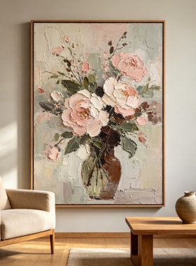 原创大芬村手绘油画花卉装饰中古风客厅玄关挂画治愈系高级感壁画