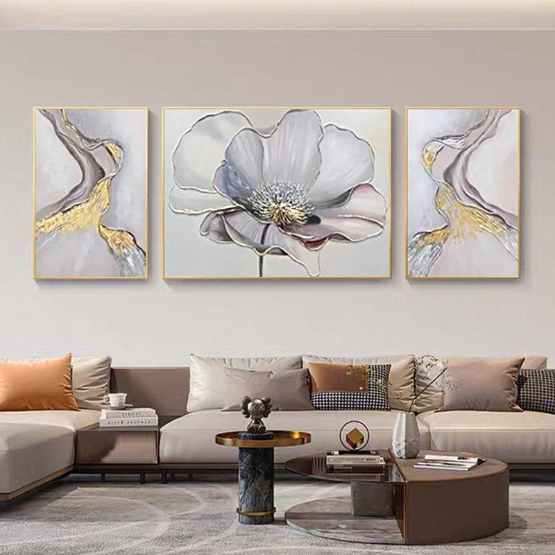 抽象艺术花卉手绘油画客厅三联挂画轻奢现代美式沙发背景墙装饰画