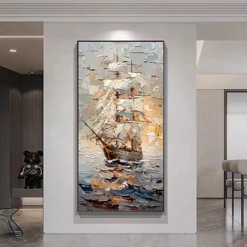 纯手绘厚油刮刀立体肌理油画一帆风顺挂画入户玄关装饰画轻奢壁画