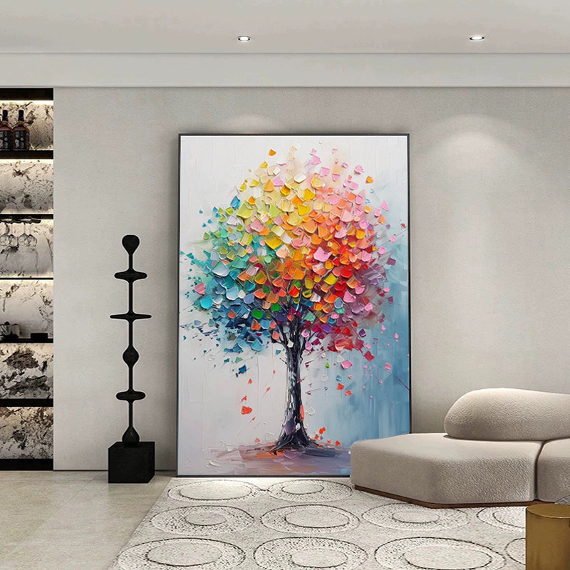 手绘生命树客厅竖版肌理沙发背景墙装饰画入户玄关挂画发财树油画