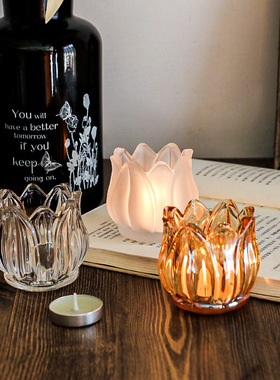 中古郁金香玻璃小烛台浪漫复古透明茶色餐桌蜡烛摆件家居饰白色