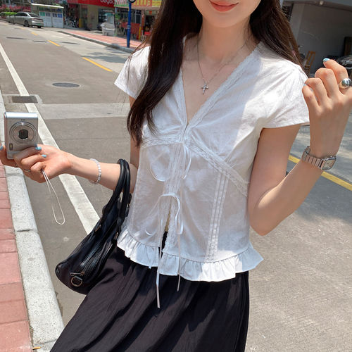 绝美漂亮白色纯棉短袖衬衫女2026夏季新款蕾丝花边短款甜美风上衣