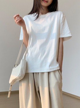 夏季纯色正肩短袖t恤女白色圆领棉质叠穿打底衫新款休闲显瘦上衣