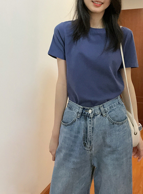 基础款磨毛短袖T恤女夏新款蓝色宽松圆领百搭半袖上衣内搭打底衫