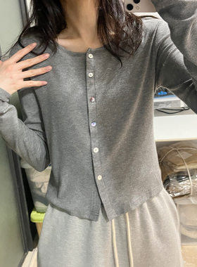 早春季新款灰色圆领长袖针织开衫外套女韩版修身显瘦短款洋气小衫