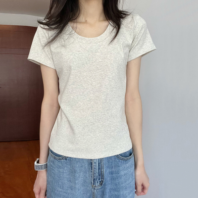 U领正肩短袖T恤女经典款修身灰色