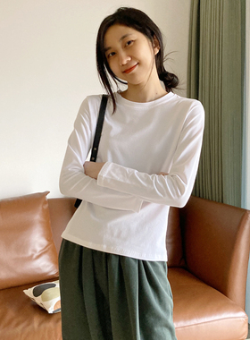 网红基础款纯白色修身打底衫女美式复古紧身上衣棉质内搭长袖T恤