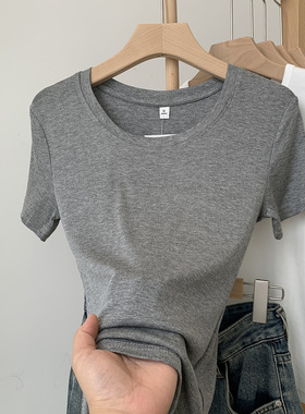 夏季灰色正肩女短袖修身收腰上衣显瘦掐腰棉质夏短款半袖紧身t恤