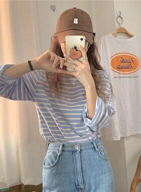 早秋新款韩版正肩长袖T恤条纹宽松棉质女学生显瘦百搭打底衫秋季