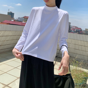 内搭宽松白色T恤 秋季 半高领打底衫 女2021新款 上衣百搭棉质长袖