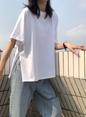 纯白色短袖t恤女棉质基础内搭外穿侧边开叉打底衫宽松大码百搭女