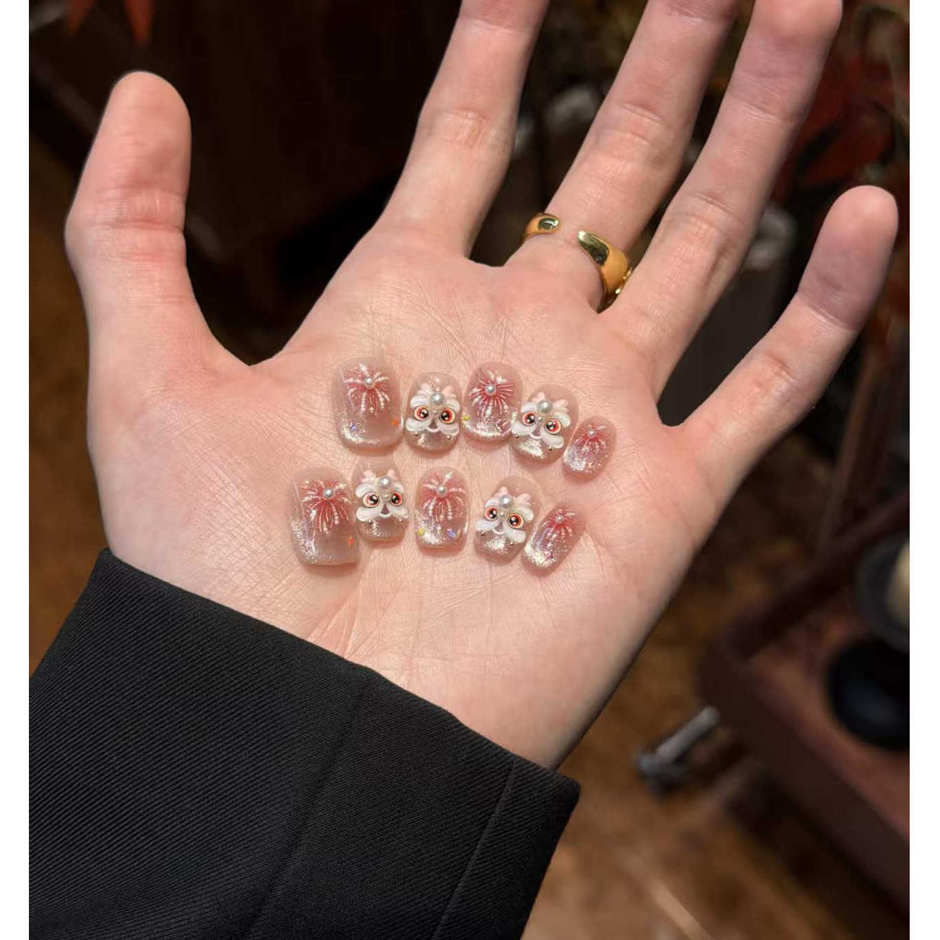 M413东方醒狮渐变烟花半手工穿戴甲高级气质猫眼美甲贴片可拆,彩妆/香水/美妆工具,穿戴甲/甲片,淘宝优惠券,粉丝福利购,淘宝优惠卷