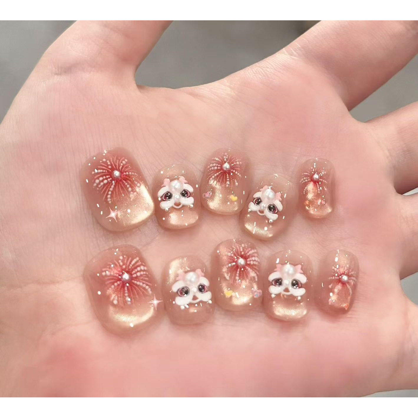 M413东方醒狮半手工穿戴甲猫眼2026新年款高级烟花美甲贴片可拆,彩妆/香水/美妆工具,穿戴甲/甲片,淘宝优惠券,粉丝福利购,淘宝优惠卷