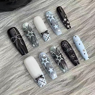 春夏暗黑美甲蝴蝶显白气质高级穿戴甲 M382闪星辣妹半手工烟花法式