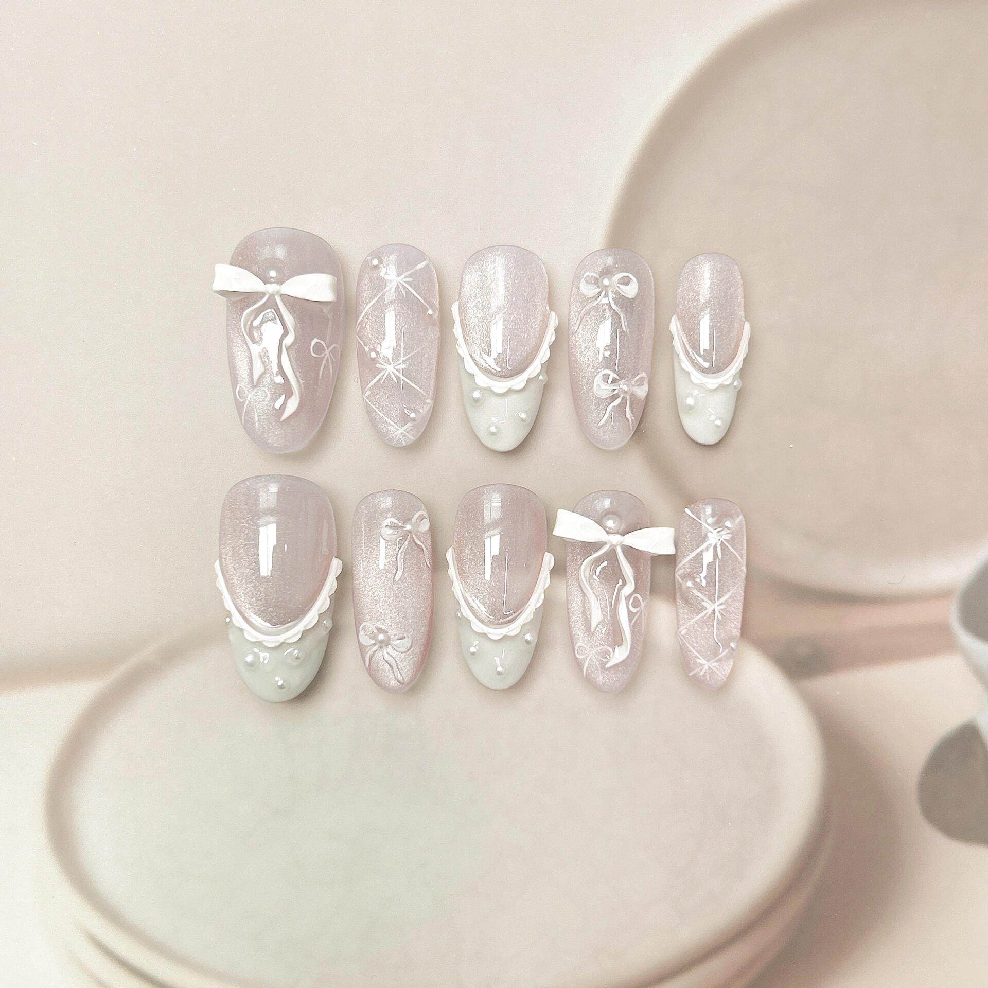 法式猫眼珍珠蝴蝶结穿戴甲