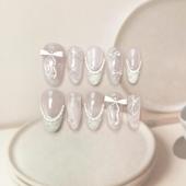 M346韩系珍珠蝴蝶结高级猫眼法式 穿戴甲气质可爱公主风贴片可拆