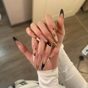 M128四芒甜星甜酷高级黑粉穿戴甲法式 星星美甲贴片可拆