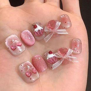 M004美少女手工穿戴甲立体樱桃蝴蝶猫眼手绘甜美可爱短款 美甲贴片