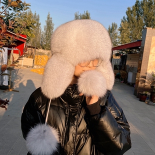 狐狸毛全毛帽子女款霸王帽东北冬季保暖护耳雷锋帽整张狐狸皮制作