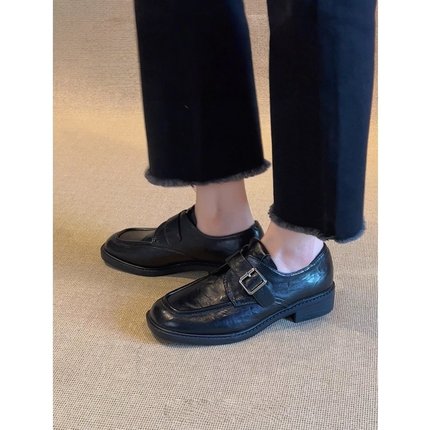软底软面舒适女鞋秋款真皮中跟厚底粗跟一脚蹬工作小皮鞋乐福鞋
