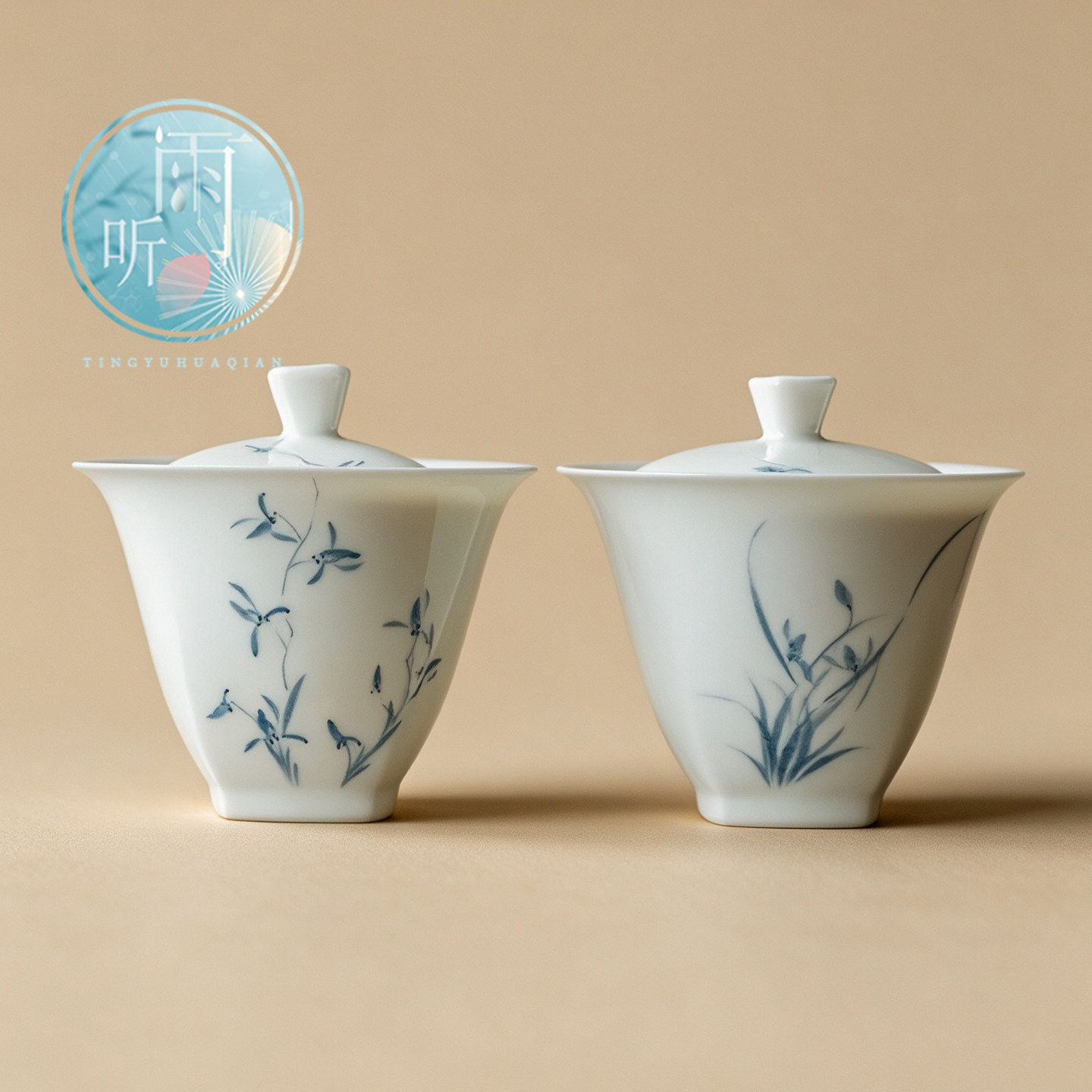 玉瓷手绘《幽兰花丛》盖碗200ml