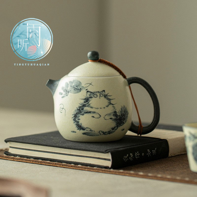 釉下彩青花茶壶高颜值猫咪龙胆壶粉引单壶家用功夫茶具陶瓷泡茶器