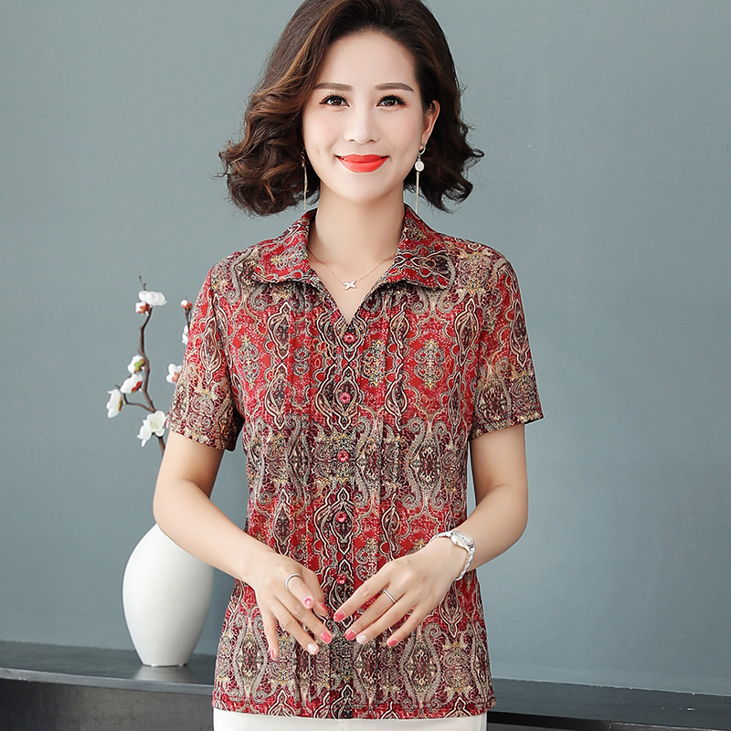 妈妈夏装网纱上衣中年妇女短袖翻领T恤50岁中老年人洋气弹力小衫
