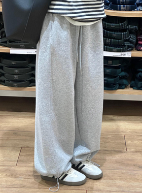 灰色休闲运动束脚卫裤女大码秋冬加绒加厚胖mm宽松显瘦直筒阔腿裤