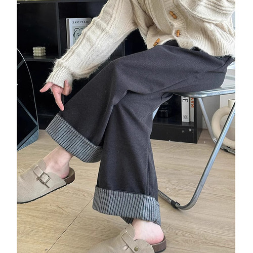 加绒加厚毛呢阔腿裤女