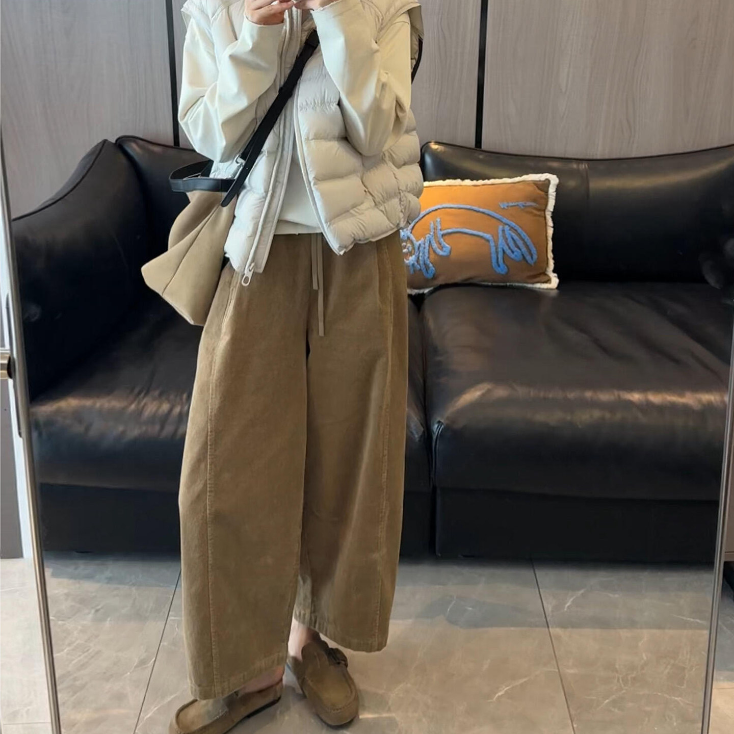 灯芯绒休闲阔腿裤女大码秋冬胖mm宽松显瘦小个子慵懒九分直筒裤子
