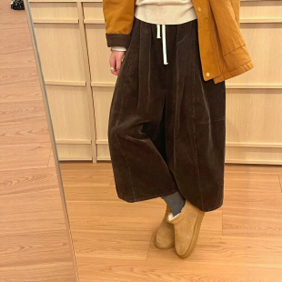 小个子灯芯绒阔腿裤女大码秋季新款胖mm宽松显瘦八分休闲直筒裤子