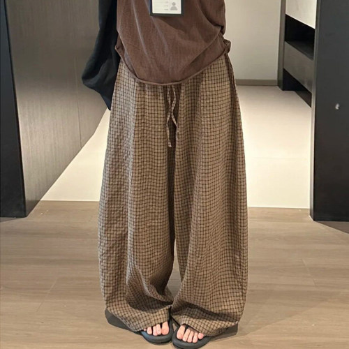 复古格子休闲阔腿裤女大码