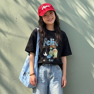 女童短袖T恤2026夏新款美式复古T恤青少年韩版百搭宽松休闲上衣