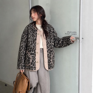 女童夹棉外套秋冬款豹纹圆领单排扣棉服儿童宽松复古百搭保暖上衣