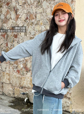 女童拼色连帽外套2026春新款青少年宽松洋气休闲连帽拉链开衫